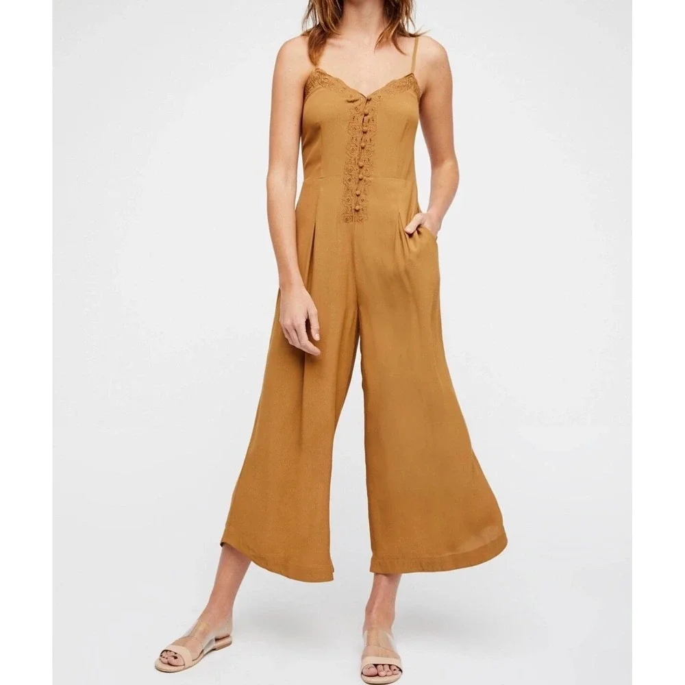 Free People Eileen Jumpsuit Wide Leg Lace Trim Tan Size 0 Boho Coastal Neutral‎